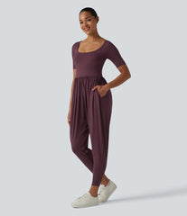 SoftlyZero™ Airy Scoop Neck Short Sleeve Built-in Bra InstantCool Casual Jumpsuit with Pockets-Easy Peezy Edition