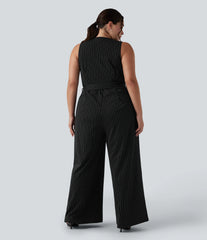 V Neck Sleeveless Belted Stripe InstantCool Work Plus Size Jumpsuit with Pockets-Easy Peezy