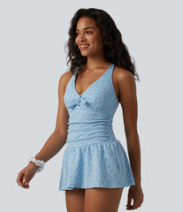 V-neck Tie-front Adjustable Straps Push-Up Tummy Control Ruched 2-in-1 Jacquard One-Piece Swimsuit