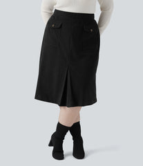 Mid Rise Midi Corduroy Casual Plus Size Skirt with Pockets