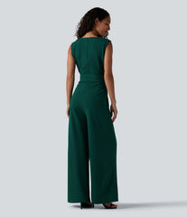 Wrinkle Recovery Boat Neck Sleeveless Tie-side Work Jumpsuit with Pockets-Easy Peezy