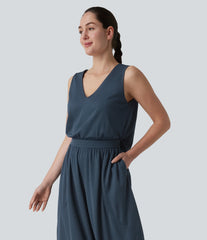 V Neck Flowy Waffle Casual Jumpsuit with Pockets-Easy Peezy Edition
