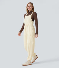 Ribbed Knit Adjustable Straps Drawstring Casual Overalls with Pockets