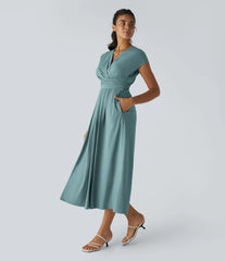 Breezeful™ V Neck Short Sleeve Pocket Tie Back Quick Dry Midi Casual Dress-Longer Length
