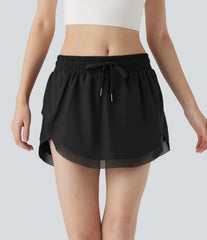 Mid Rise Drawstring 2-in-1 Contrast Mesh Mini Tennis Skirt with Pockets