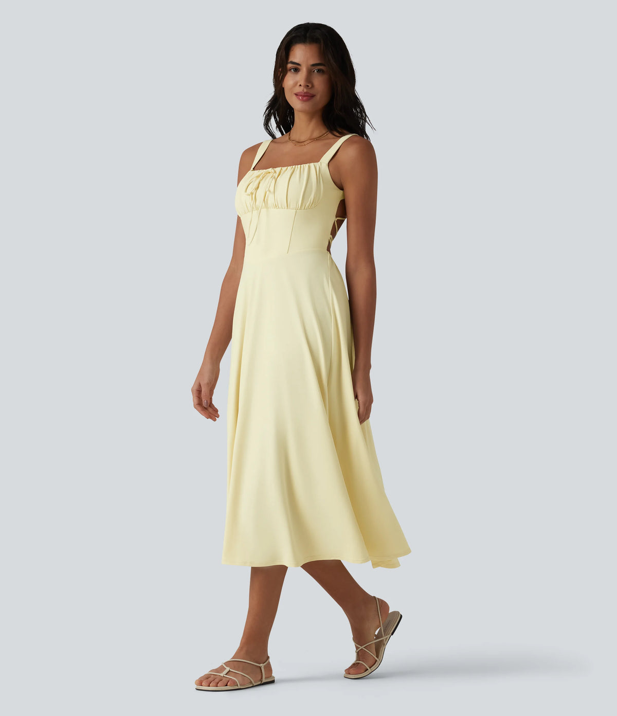 Crisscross Backless Square Neck Sleeveless Ruched Built-in Bra Midi Resort Flowy Dress