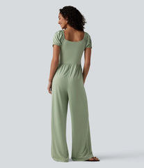V Neck Puff Short Sleeve Non-Removable Pad Corset Jumpsuit with Pockets