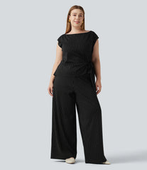 Plus Size Boat Neck Sleeveless Tie Side InstantCool Stripe Work Jumpsuit with Pockets-Easy Peezy Edition