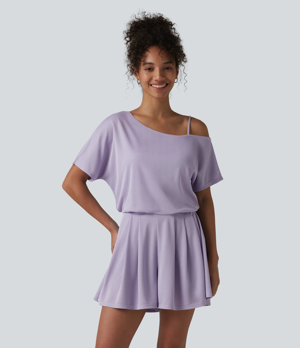 One Shoulder Short Sleeve Pleated Waffle Casual Romper with Pockets-Easy Peezy Edition