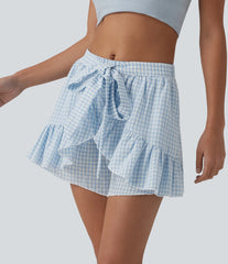 Mid Rise Tie-front Ruffle Gingham Resort Linen-Feel Shorts with Pockets