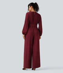 V-neck Puff Long Sleeve Belted Wide Leg Party Jumpsuit with Pockets