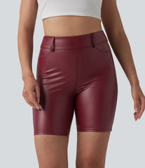 High Waisted Stretchy PU Casual Biker Shorts 7'' with Pockets