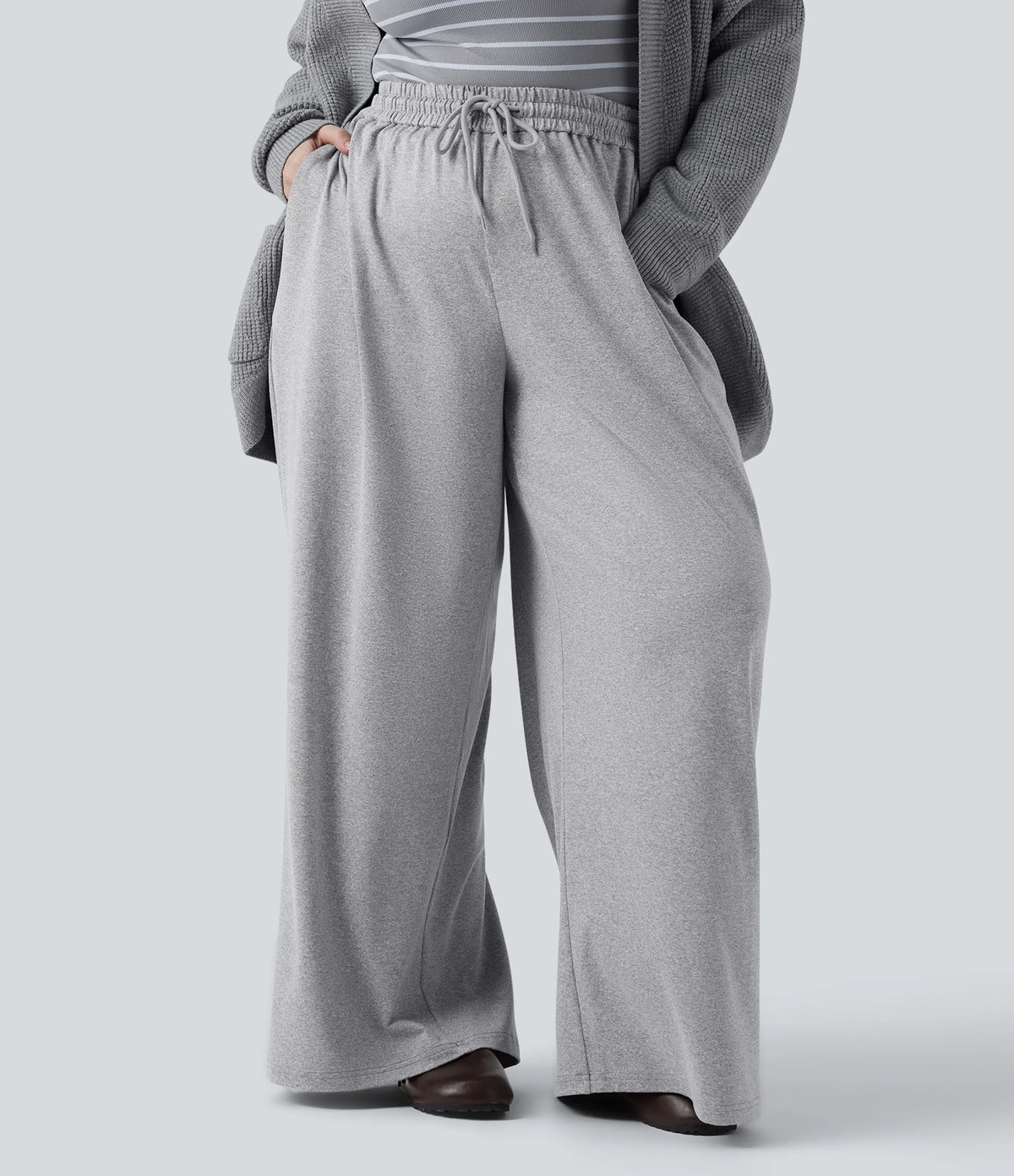 Plus Size High Waisted Drawstring Wide Leg Casual Pants with Pockets