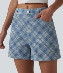 Halara Flex™ Mid Rise Plaid Denim Casual Shorts 4'' with Pockets