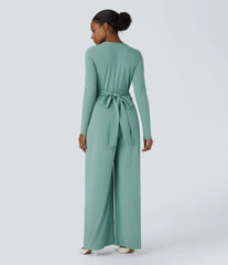 V Neck Long Sleeve Pocket Tie Back Casual Jumpsuit