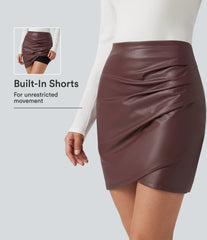 High Waisted 2-in-1 Ruched Crossover Hem Bodycon Fleece Mini Casual PU Leather Skirt