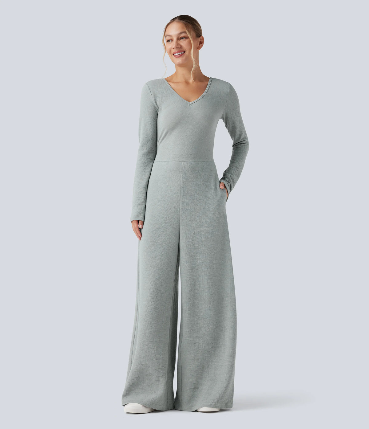 V Neck Long Sleeve Casual Jumpsuit with Pockets-Easy Peezy Edition