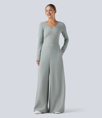 V Neck Long Sleeve Casual Jumpsuit with Pockets-Easy Peezy Edition