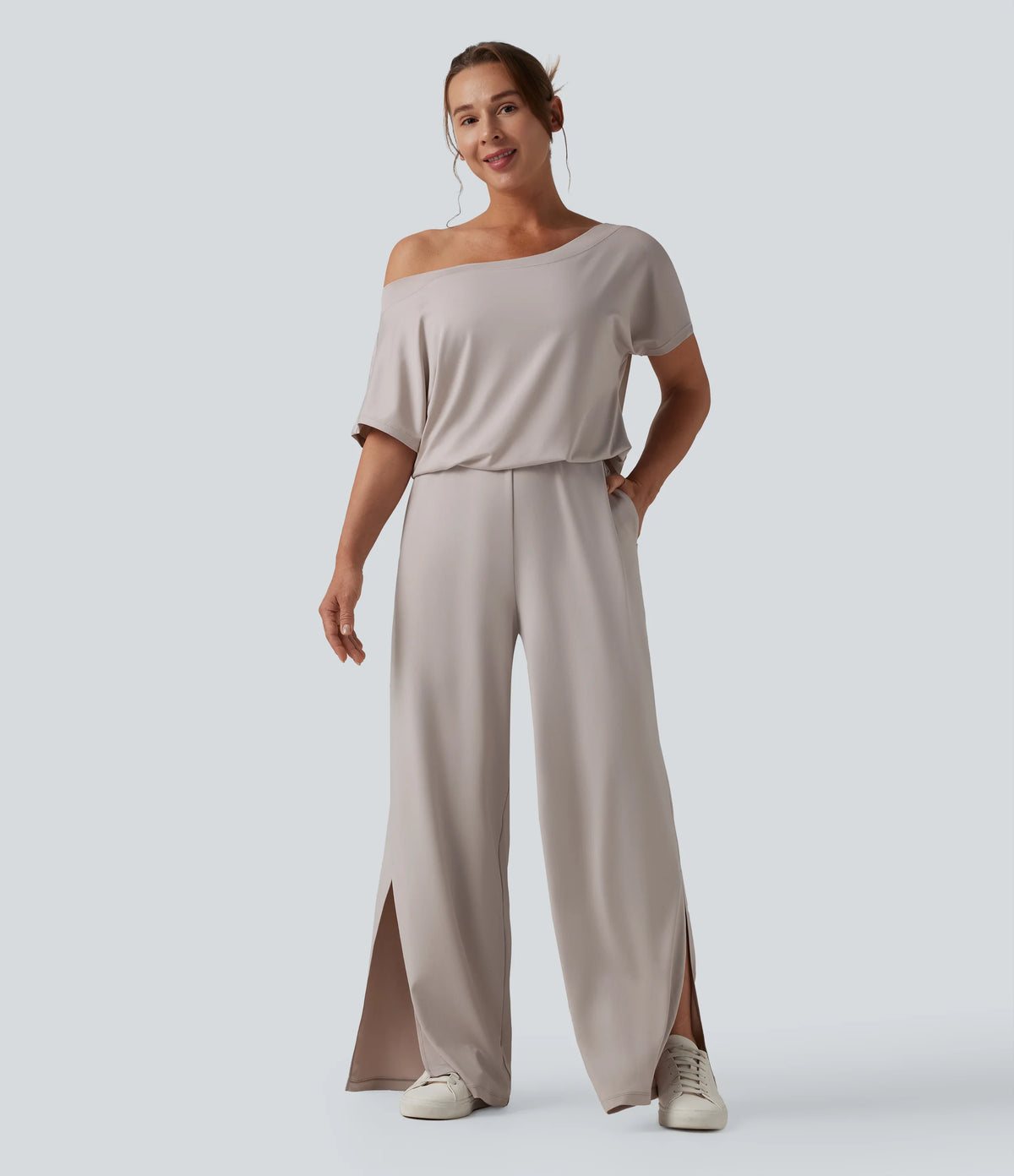 One-shoulder Short Sleeve Split Hem Casual Jumpsuit with Pockets-Easy Peezy